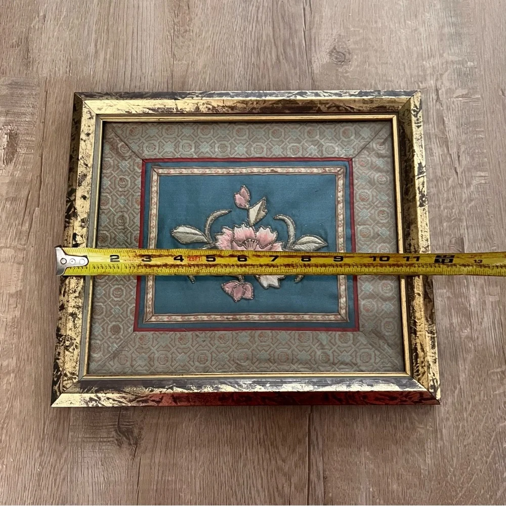 Antique‎ Chinese Embroidered Framed Tapestry Fabric Silk Pink Peony #1